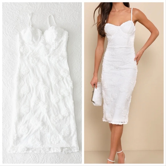 NWOT Lulus Sultry Romantic White Lace Textured Bustier Bodycon Midi Dress Large - Picture 1 of 9
